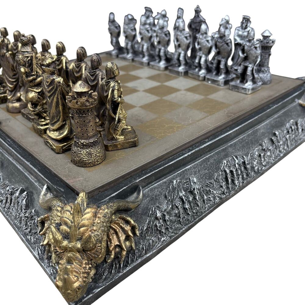 RARE MEDIEVAL Chess Set Gold Gray Resin Complete Board Fantasy Dragons Village